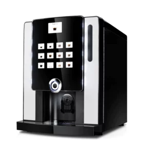 A 3/4 angle view of an Instant Coffee Machine for Small Businesses with a large integrated touch-panel display and a high-gloss black finish.