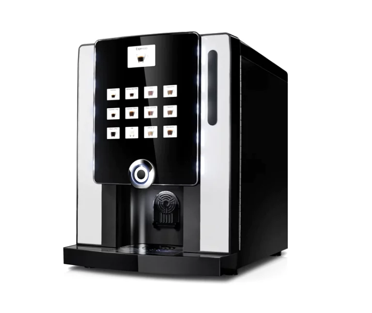 A 3/4 angle view of an Instant Coffee Machine for Small Businesses with a large integrated touch-panel display and a high-gloss black finish.