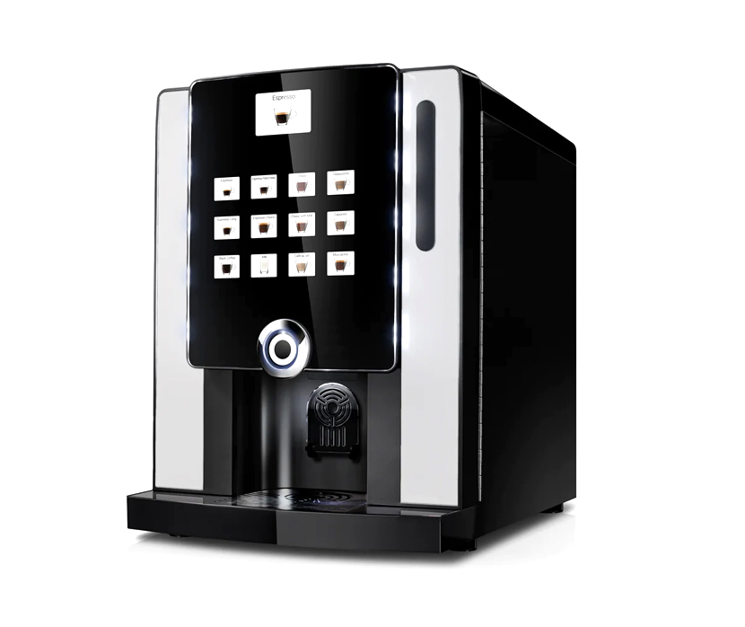 A 3/4 angle view of an Instant Coffee Machine for Small Businesses with a large integrated touch-panel display and a high-gloss black finish.