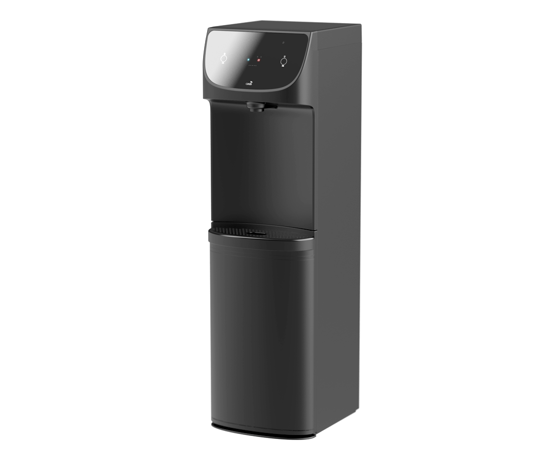 An isolated view of a tall, floor-standing Oasis Eco-friendly Water Coolers with a curved top interface and a deep, recessed dispensing alcove.