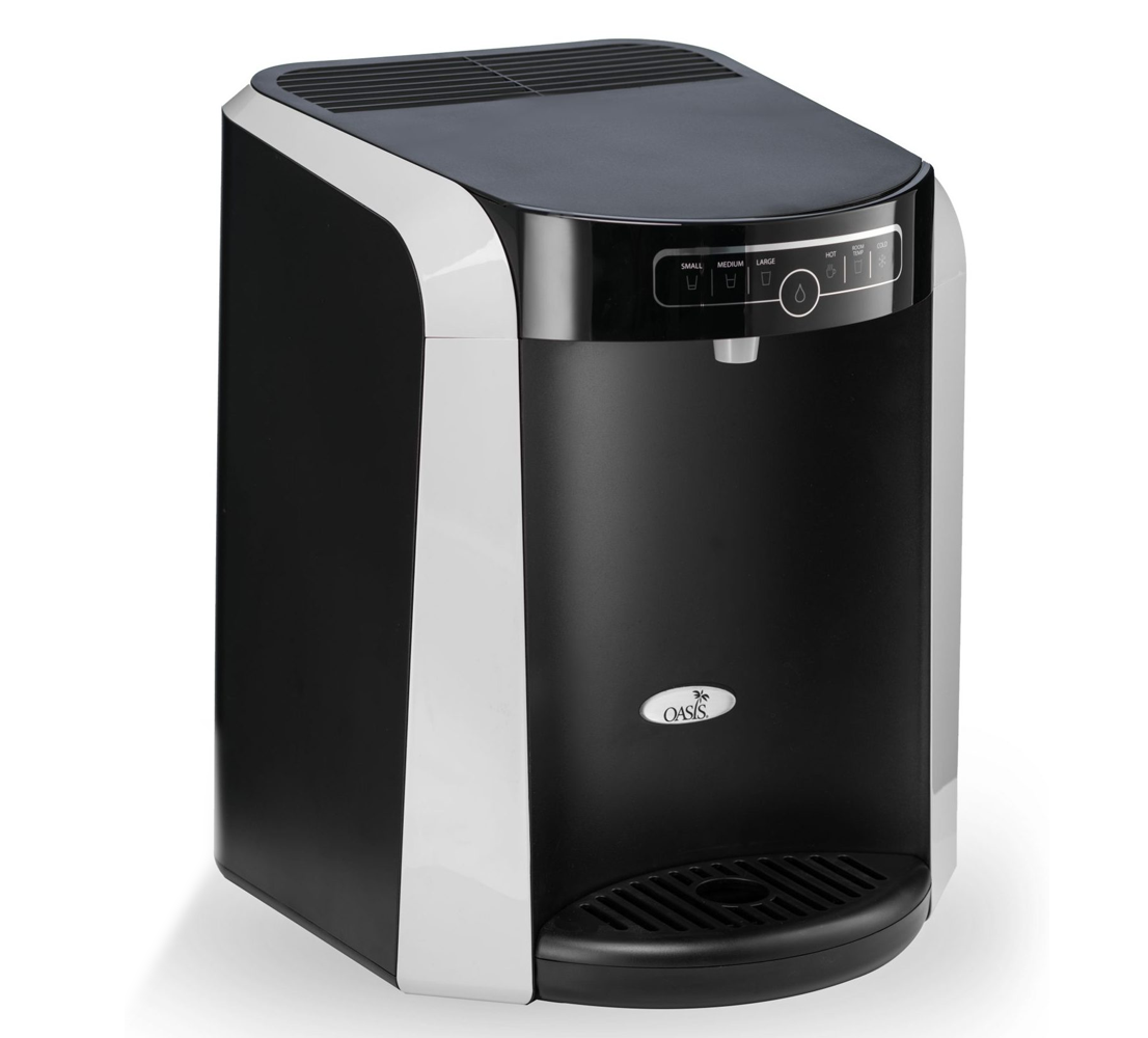 A Polaris Office Water Cooler countertop water dispenser with a curved front, featuring a top-mounted touch control panel and an Oasis brand logo.
