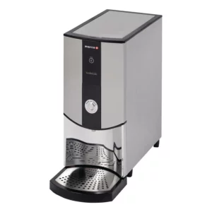 A professional studio product shot of the Marco EcoSmart Boiler PB5 against a white background, featuring its stainless steel body, black interface panel, and "Push and Hold" dispensing button.