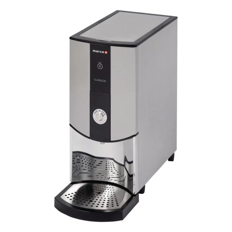 A professional studio product shot of the Marco EcoSmart Boiler PB5 against a white background, featuring its stainless steel body, black interface panel, and "Push and Hold" dispensing button.