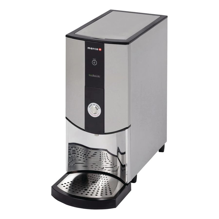 A professional studio product shot of the Marco EcoSmart Boiler PB5 against a white background, featuring its stainless steel body, black interface panel, and "Push and Hold" dispensing button.