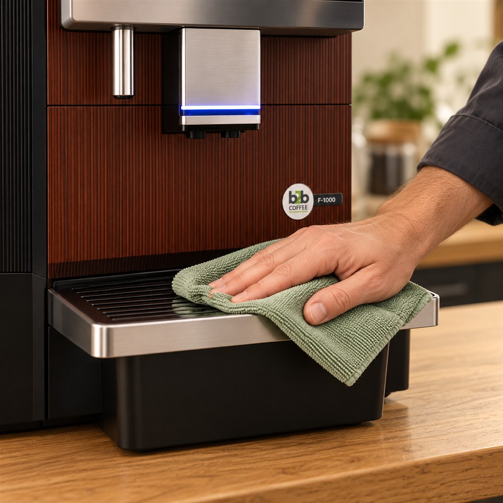 Shows a close up of the F1000 B2B Coffee Machine drip tray with a hand holding a cloth and cleaning it, to represent a coffee machine maintenance.