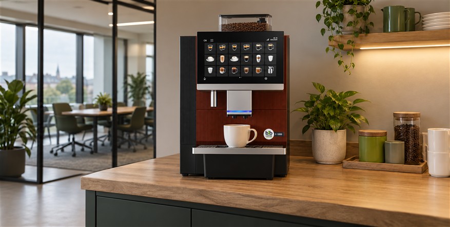 One of the Best Commercial Coffee Machine for Irish Offices, the F1000 B2B Coffee is placed on a counter with a scene composed with plants and a boardroom in the background.